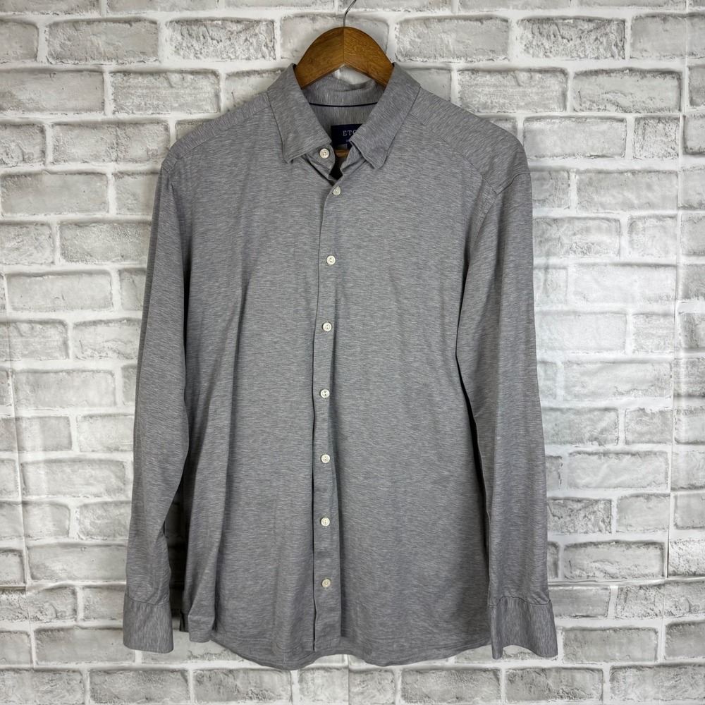 Eton Contemporary Fit Shirt Mens XL Grey Cotton Jersey Button Down Long Sleeve